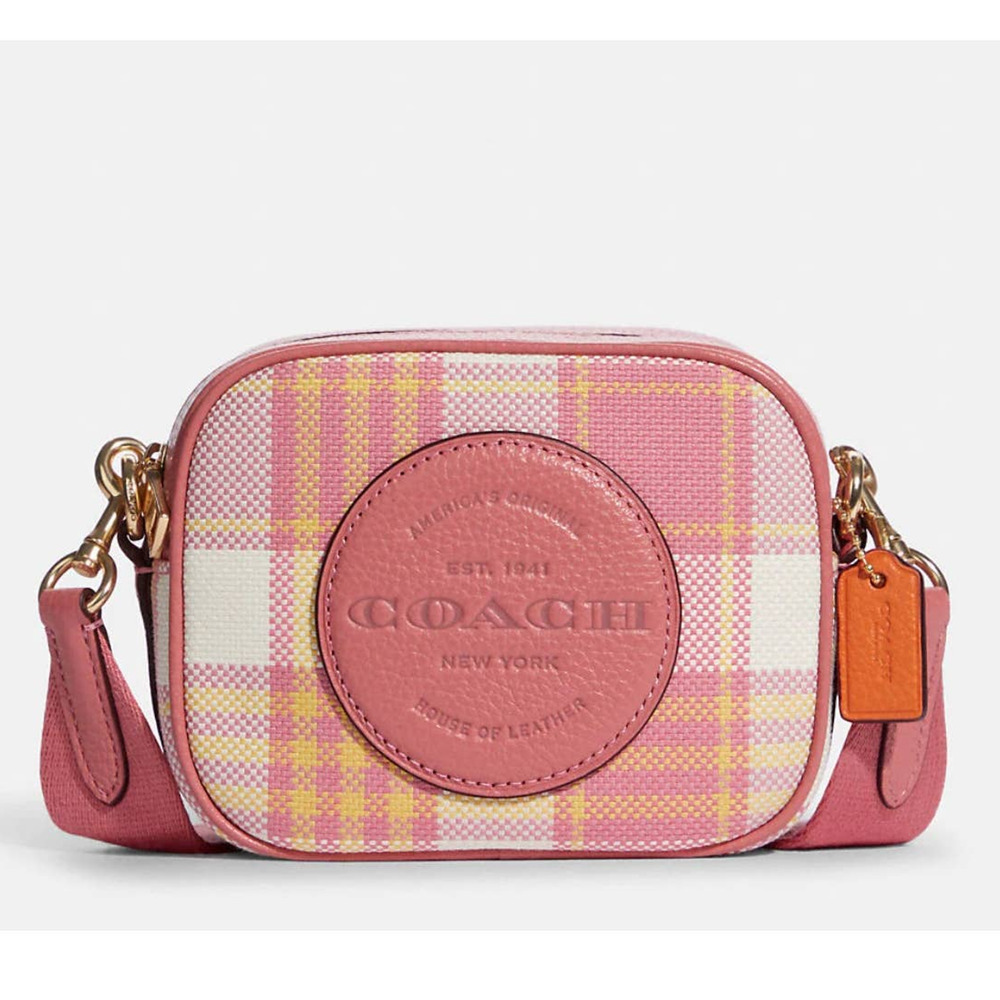 Coach NEW Mini Dempsey Camera Bag Pink Taffy Garden Plaid Print Coach Patch NWT